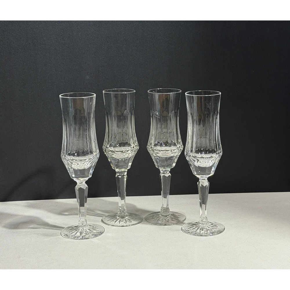 Old Galway Pattern Irish Crystal Champagne Flutes with Star Cut Foot Set of‎ 4